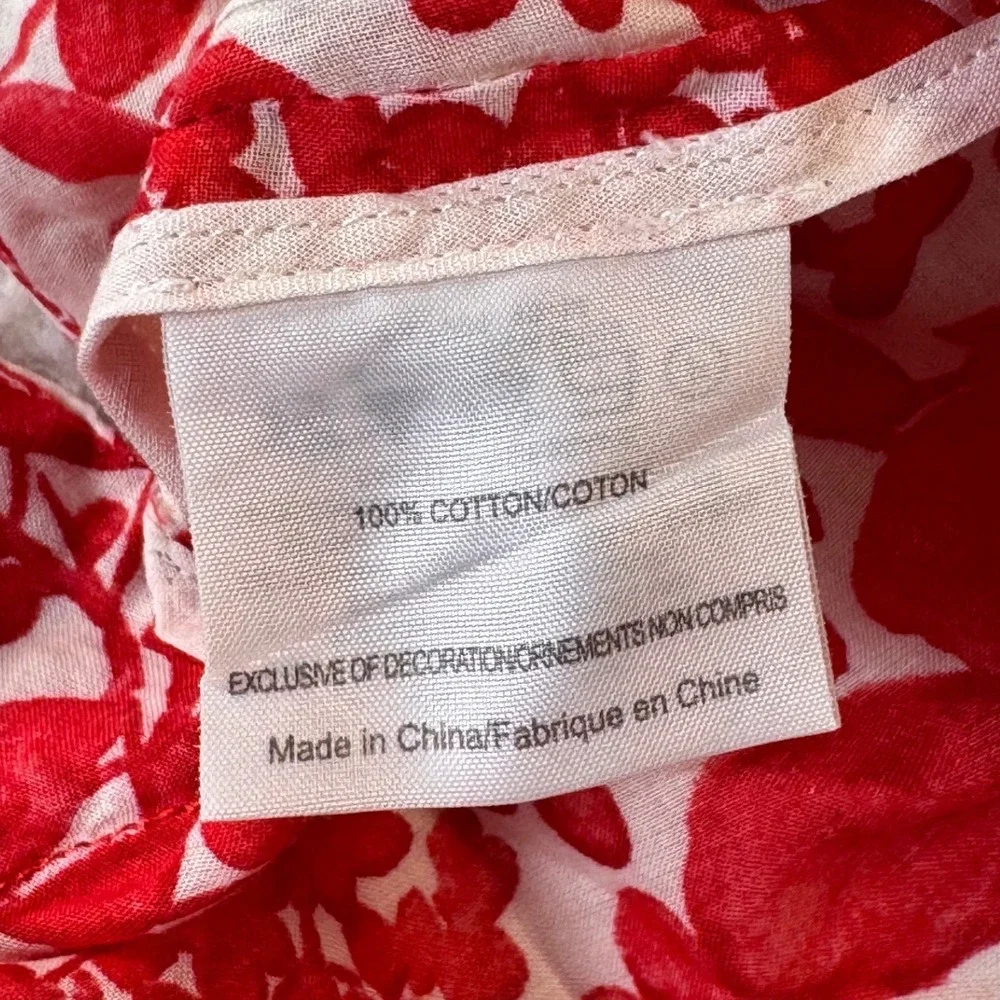 Tory Burch Red White Floral Cotton Tunic Top Split‎ Neck Embroidered Size 2